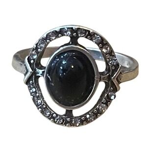 Vintage Style Black Cabochon Rhinestone Halo Silver Tone Statement Ring Size 8